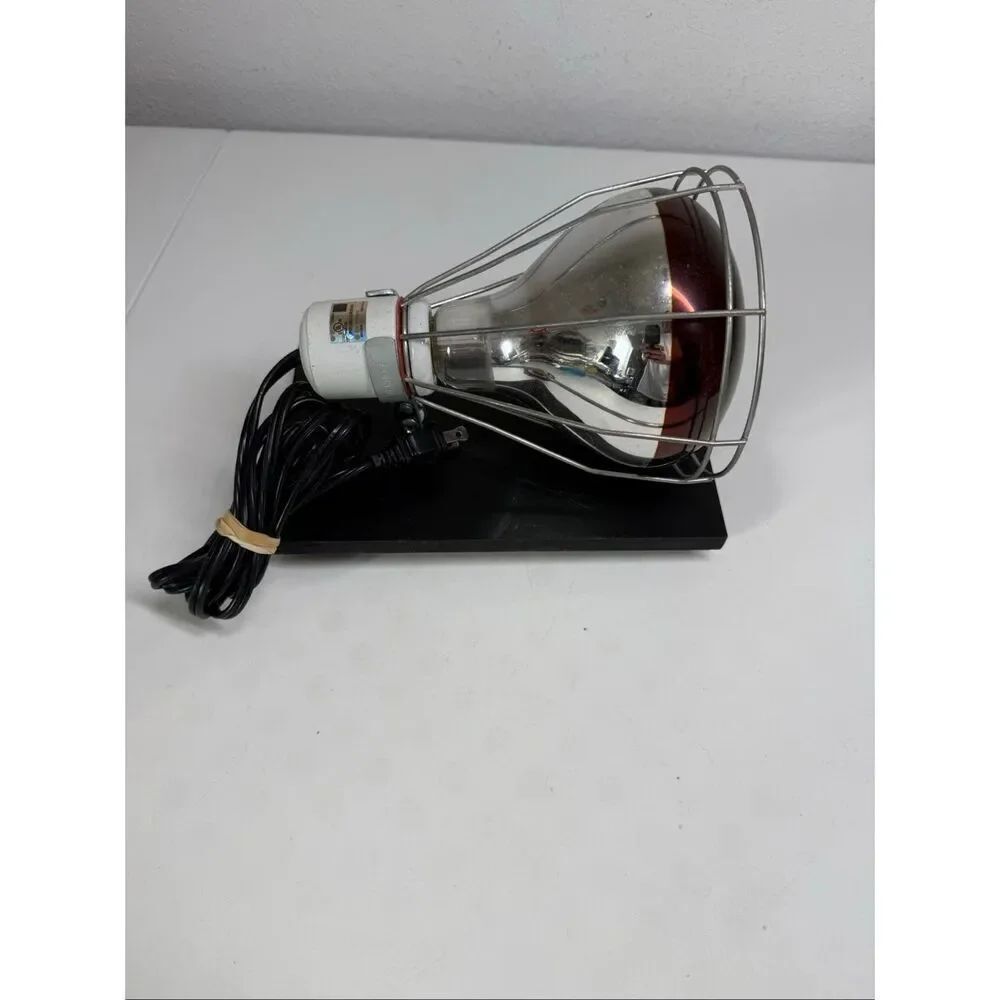 Vintage Industrial Infrared Heat Lamp With Protective Metal Cage Base Stand Desk